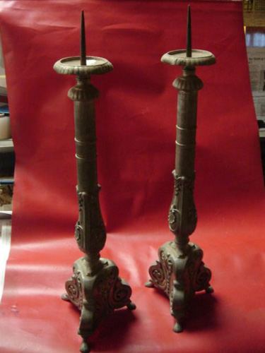 Pewter pair of tall Gothic Candlesticks